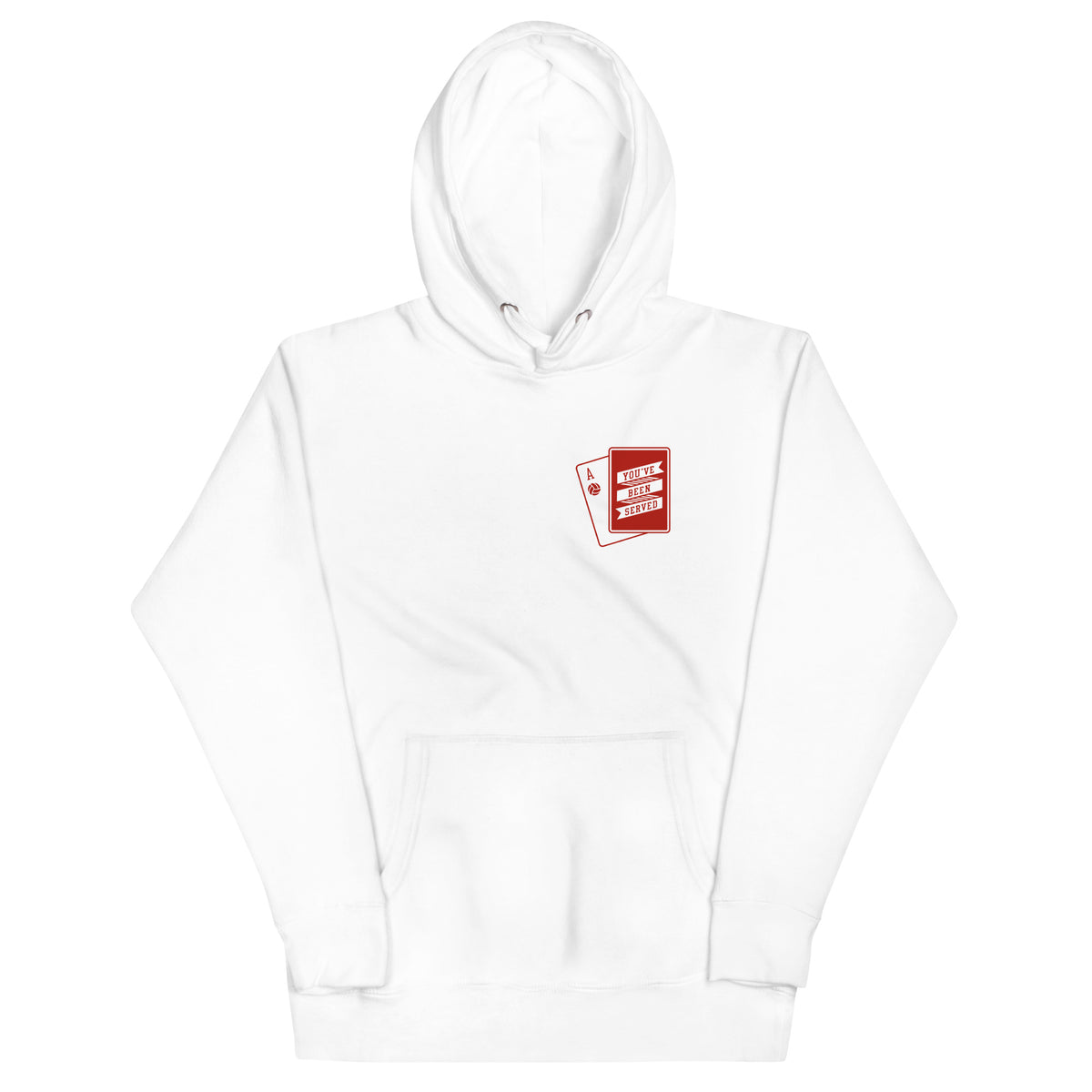 White hoodie with a red and white cards with volleyball on the chest with message "You've Been Served"
