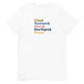 White t-shirt with colorful text "Clay & Tsunami & Glory & Starflight & Sunny" on a white background
