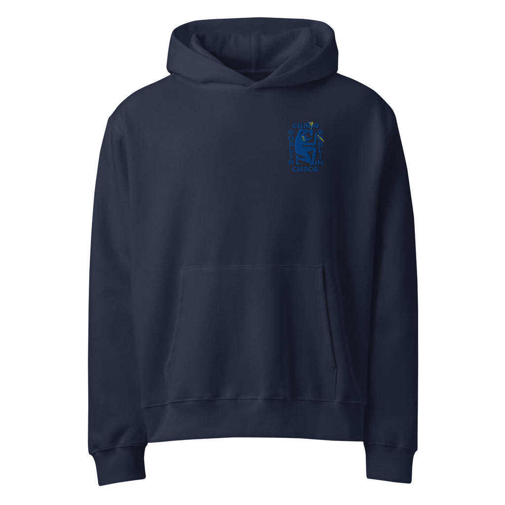 Chaos Goblin Sweatshirt in Navy blue with yellow details.