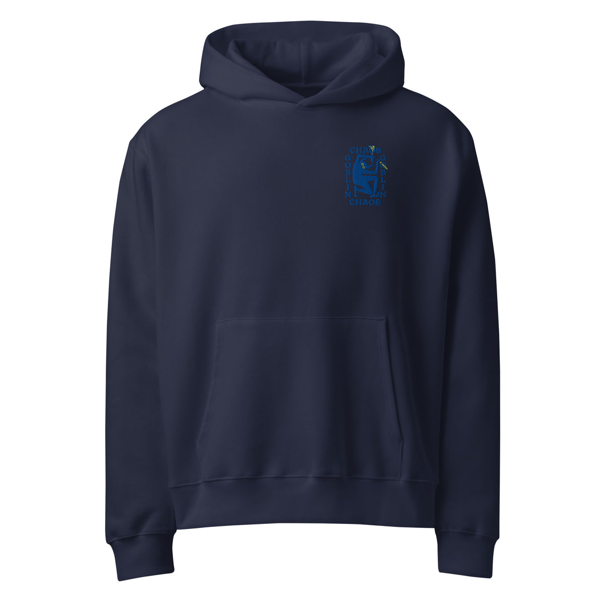 Chaos Goblin Sweatshirt in Navy blue with yellow details.